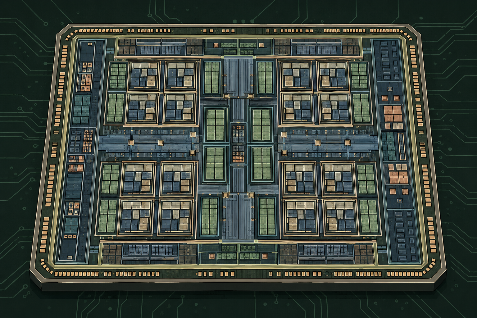 Cartoon illustration of a modern multicore CPU die